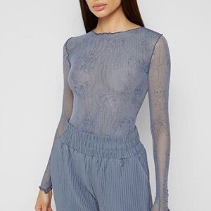 Maniere de Voir Bodysuit Mesh Sheer Line Art Steel Blue Edgy Coquette Size US 8